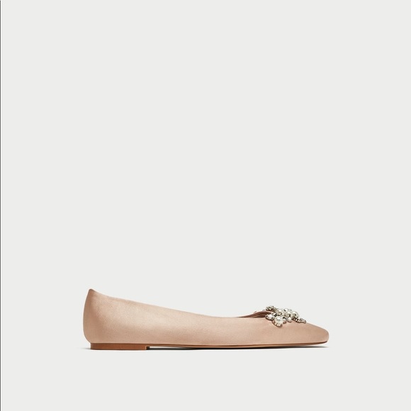 NWT Zara Nude Blush Jeweled Satin Ballerina Flats - Picture 4 of 7